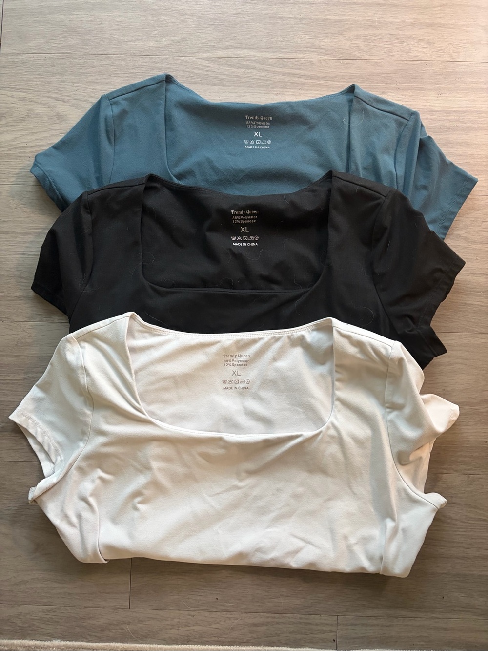 Trendy Queen Scoop Neck Short Sleeve Top - White, Black, Steel Blue (3-Pack)